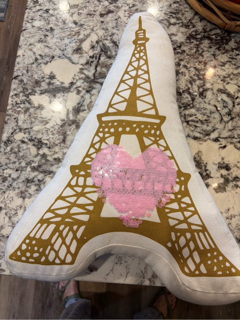 Gold Eiffel Tower Accent Pillow with Pink Sequin Heart